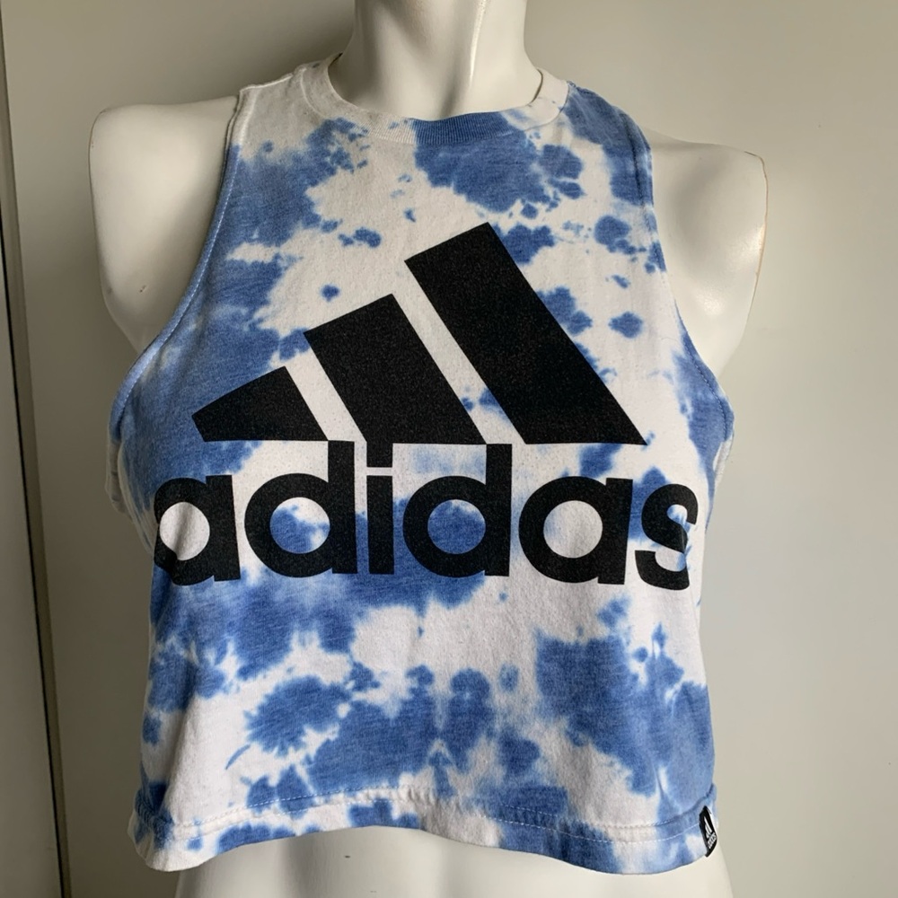 Adidas To Go Tee size small sleeveless crop top blue tie-dye